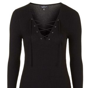 Topshop Petite Ribbed Lace Up Front Dress (Black)